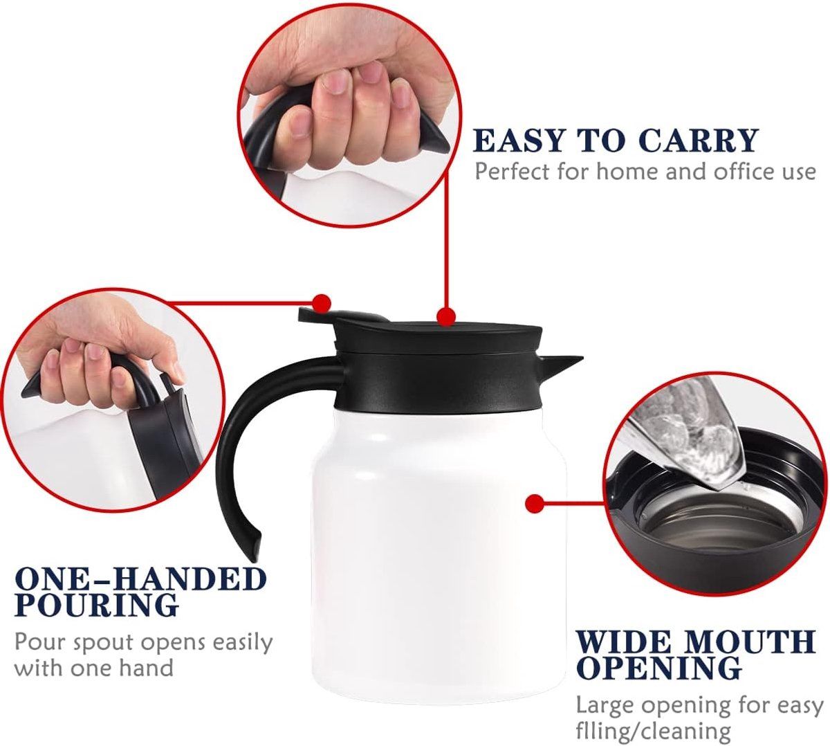 Vacuum Insulated Tea Pot With Infuser, 18 8 Stainless Steel Double Wall Thermal Carafe With Temperature Display, White, 1 L