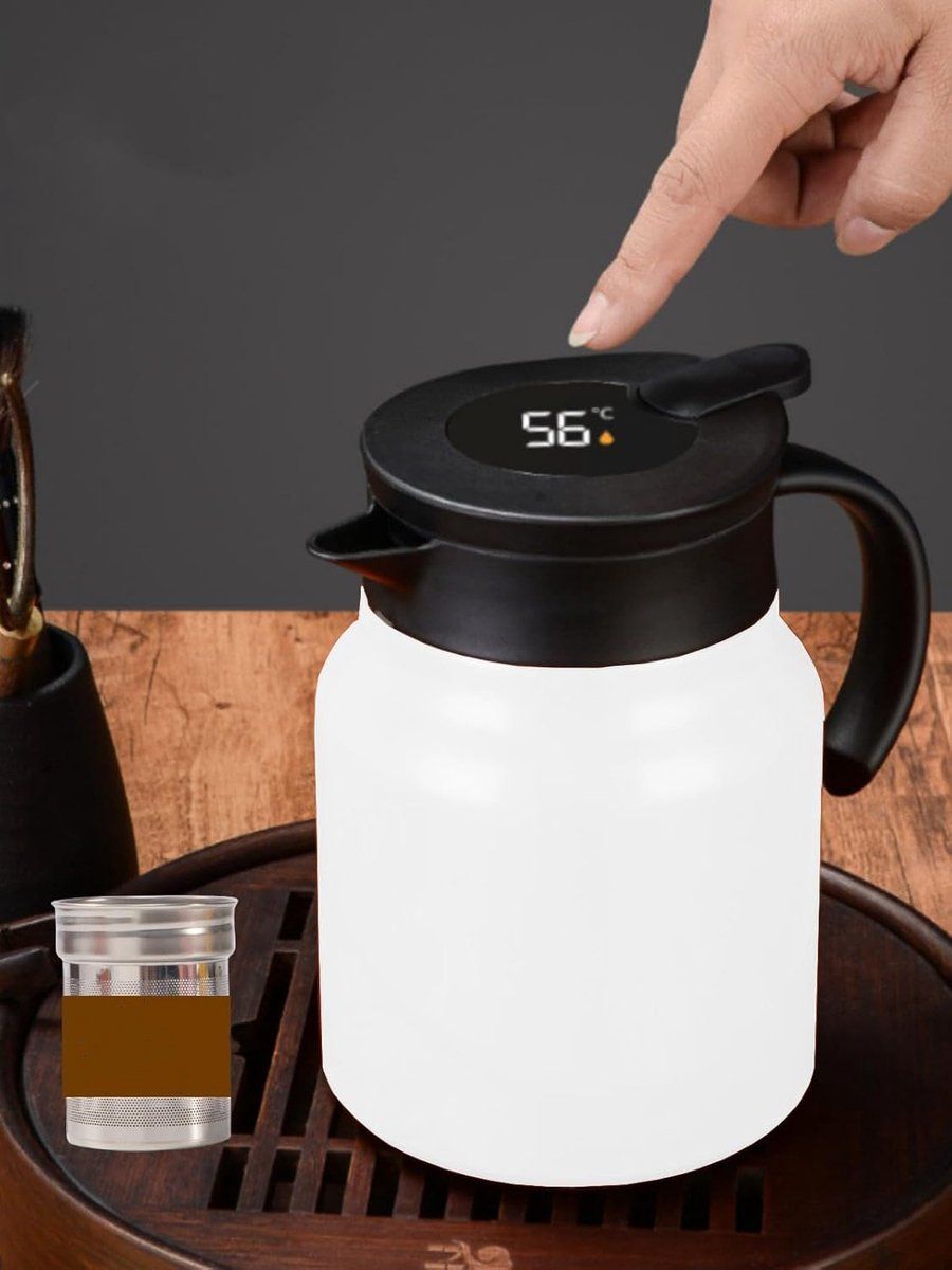Vacuum Insulated Tea Pot With Infuser, 18 8 Stainless Steel Double Wall Thermal Carafe With Temperature Display, White, 1 L