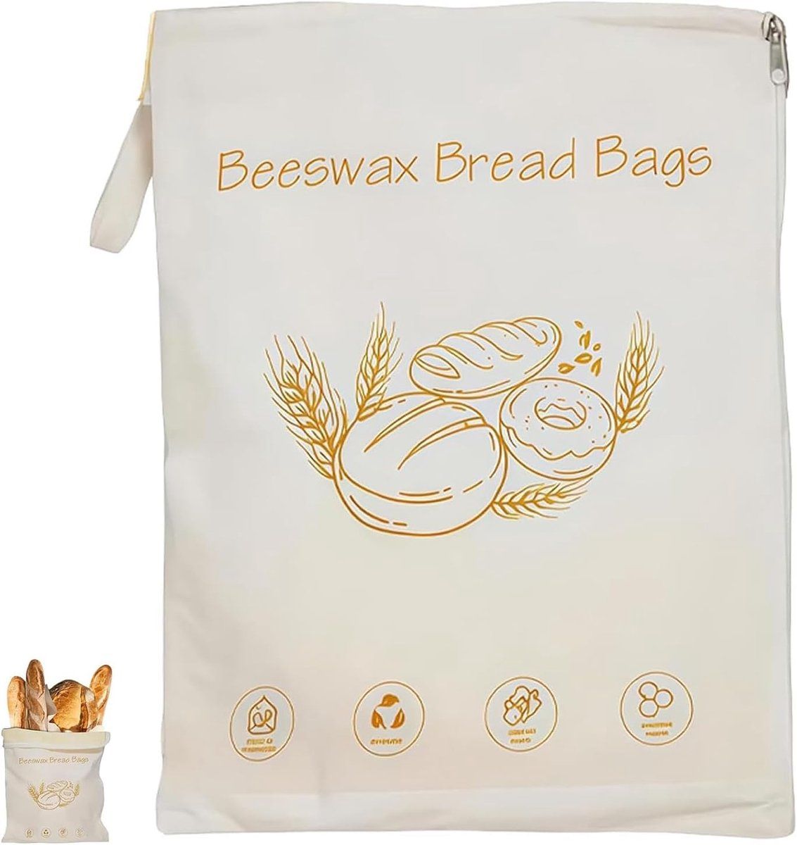 Beeswax Bread Bag With Zipper Closure, Large Reusable Cotton Food Storage Bag For Bread Produce, Water And Oil Resistant, 43 x 33 cm