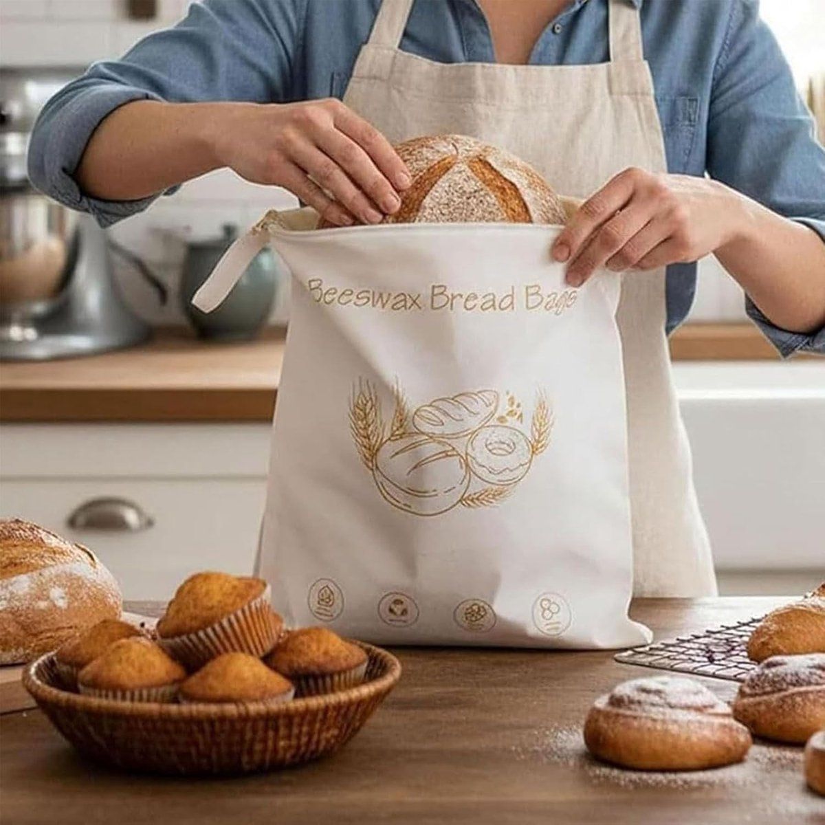 Beeswax Bread Bag With Zipper Closure, Large Reusable Cotton Food Storage Bag For Bread Produce, Water And Oil Resistant, 43 x 33 cm