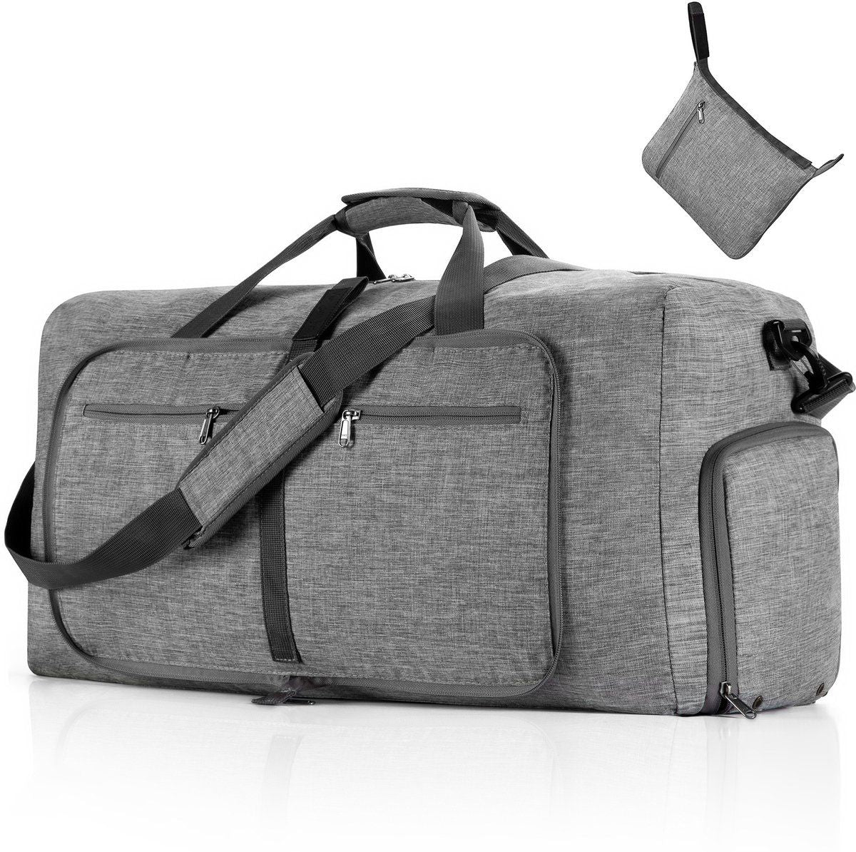 Foldable Travel Duffel Bag With Shoe Compartment Tear Resistant Polyester For Gym Weekend Trips And Airline Carry On Gray, 65 L