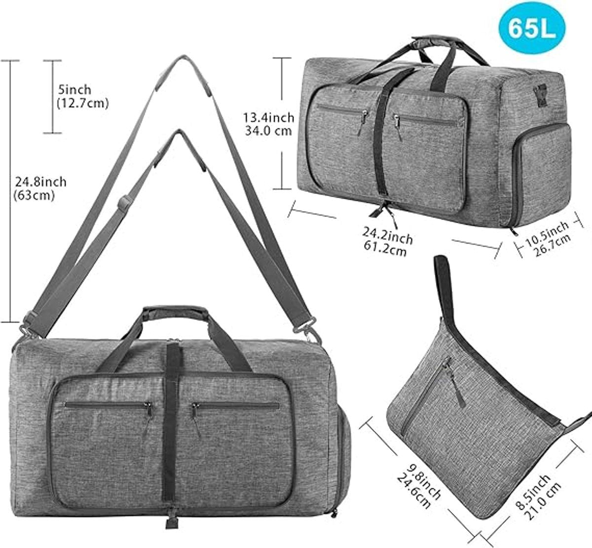 Foldable Travel Duffel Bag With Shoe Compartment Tear Resistant Polyester For Gym Weekend Trips And Airline Carry On Gray, 65 L