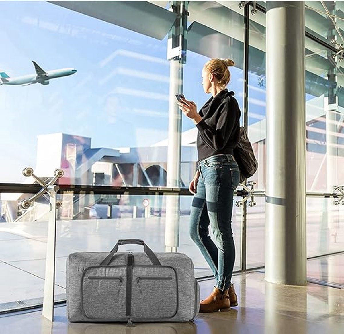 Foldable Travel Duffel Bag With Shoe Compartment Tear Resistant Polyester For Gym Weekend Trips And Airline Carry On Gray, 65 L