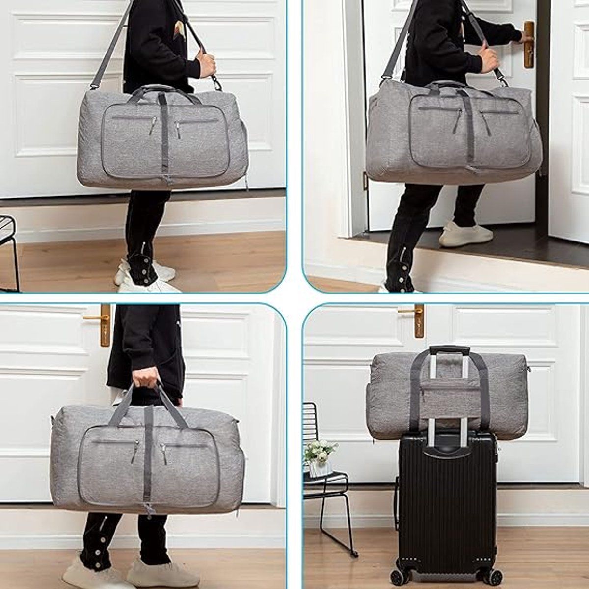 Foldable Travel Duffel Bag With Shoe Compartment Tear Resistant Polyester For Gym Weekend Trips And Airline Carry On Gray, 65 L