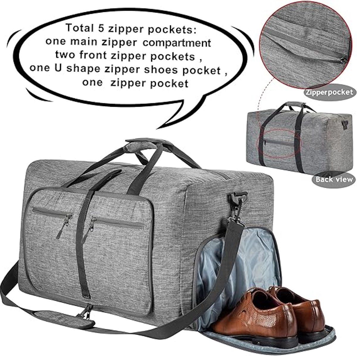 Foldable Travel Duffel Bag With Shoe Compartment Tear Resistant Polyester For Gym Weekend Trips And Airline Carry On Gray, 65 L