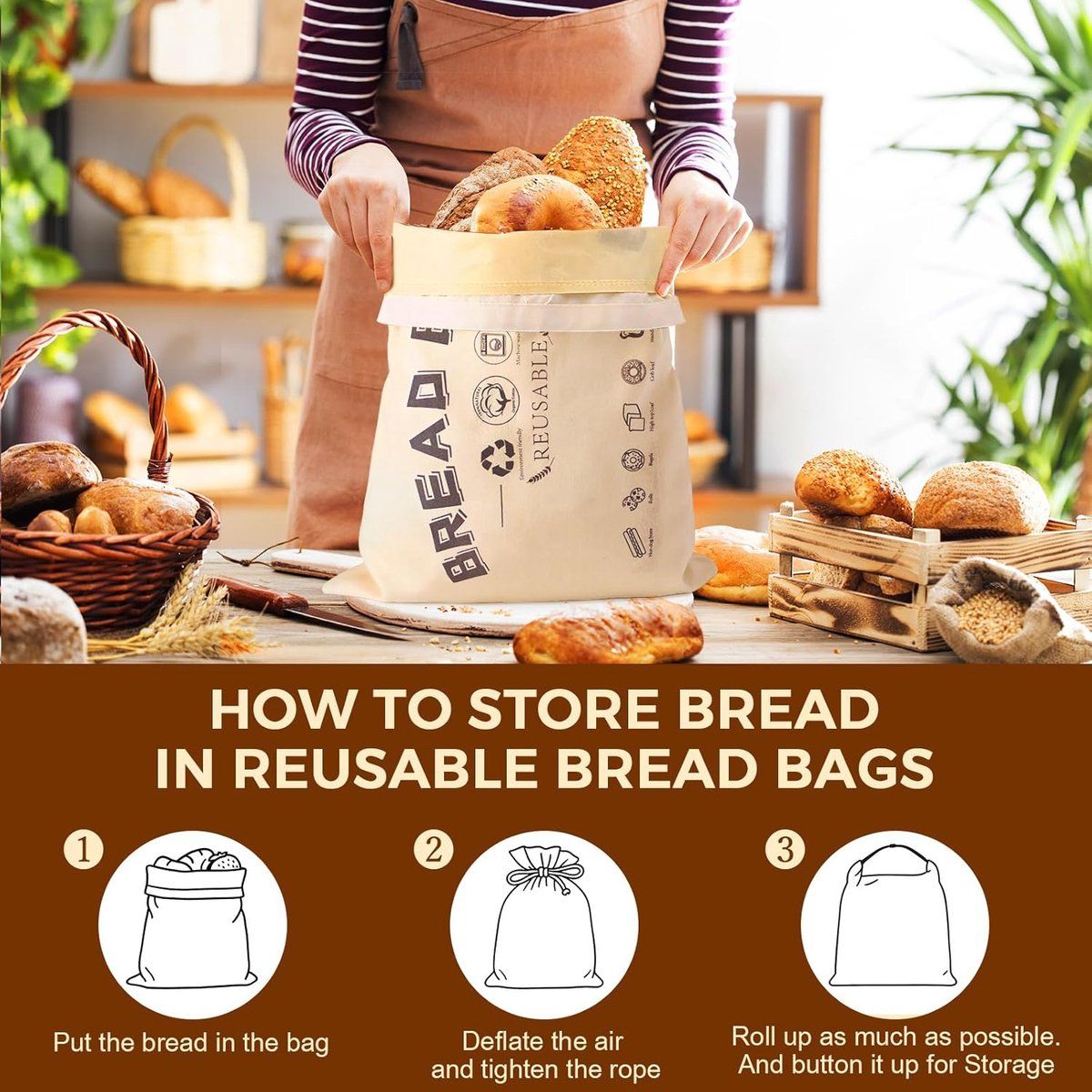 2 Pack Beeswax Bread Bags, Cotton Reusable Food Storage Bags For Homemade Bread Baking And Camping, Natural Beige, 42 x 32 cm