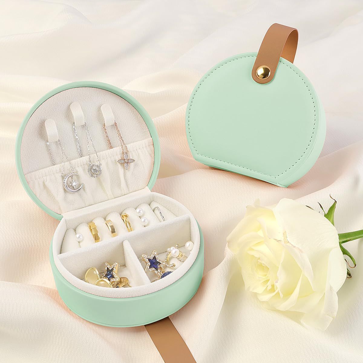 Travel Jewelry Box PU Leather 5 Compartments Bright Green
