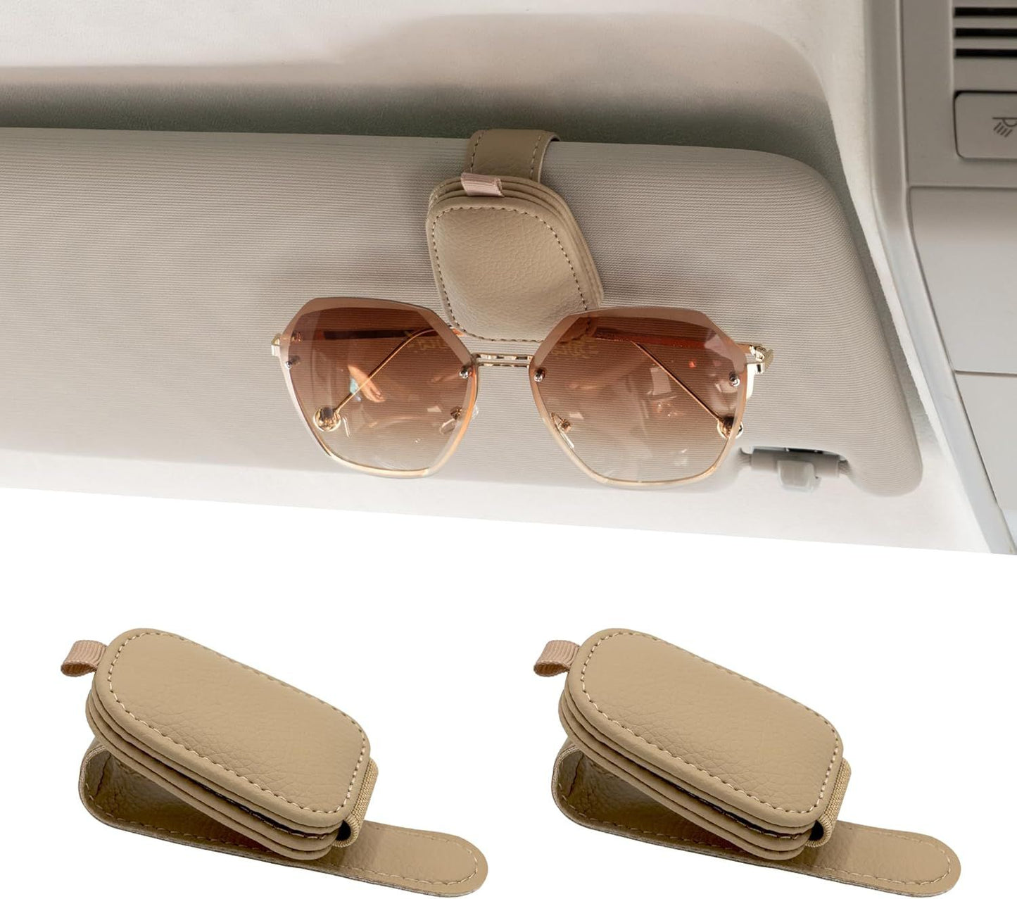 2 Piece Magnetic Sunglasses Holder for Car Sun Visor Beige