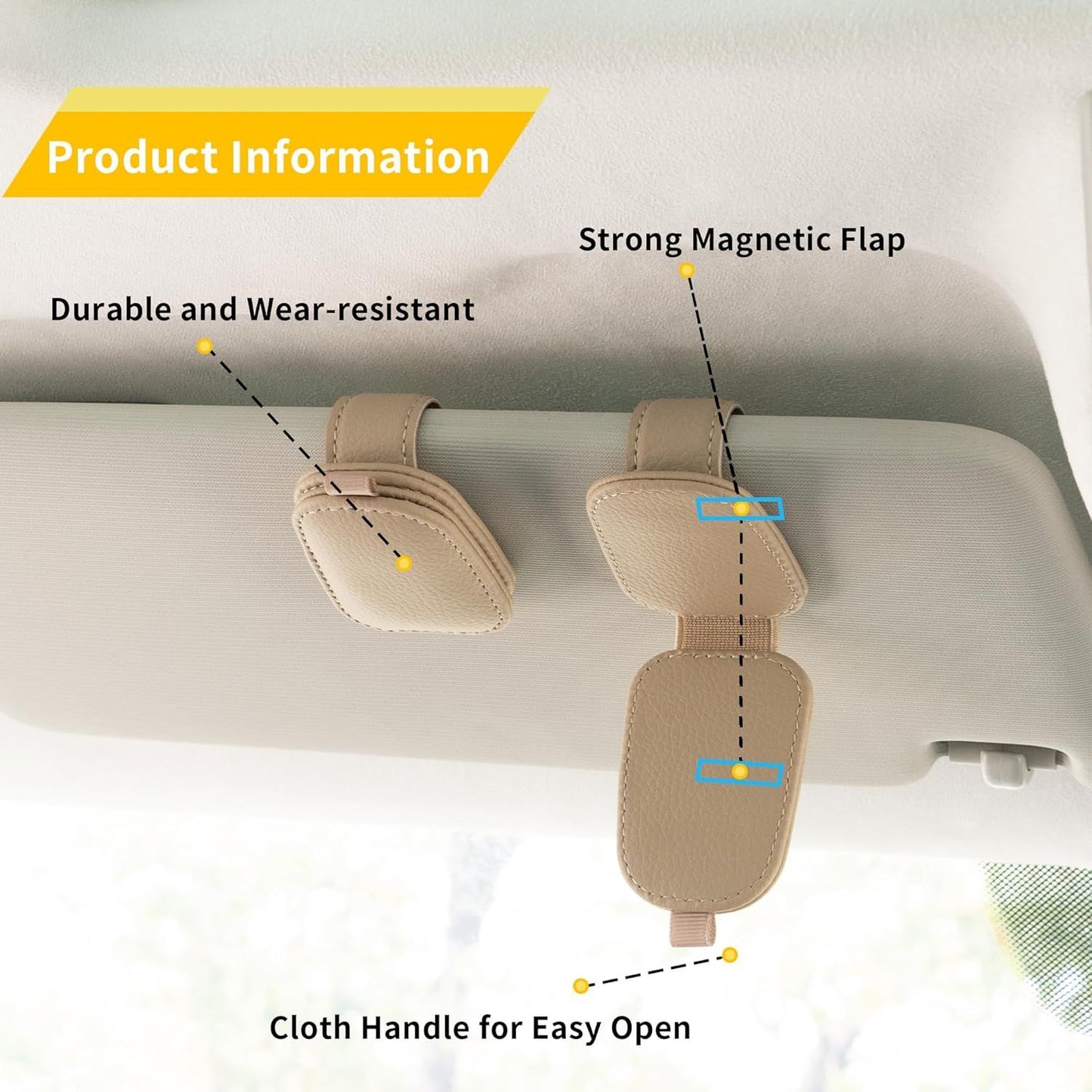 2 Piece Magnetic Sunglasses Holder for Car Sun Visor Beige