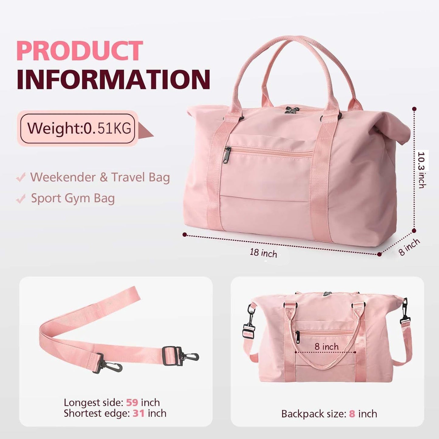 Waterproof Travel Duffle Bag with Trolley Sleeve Pink