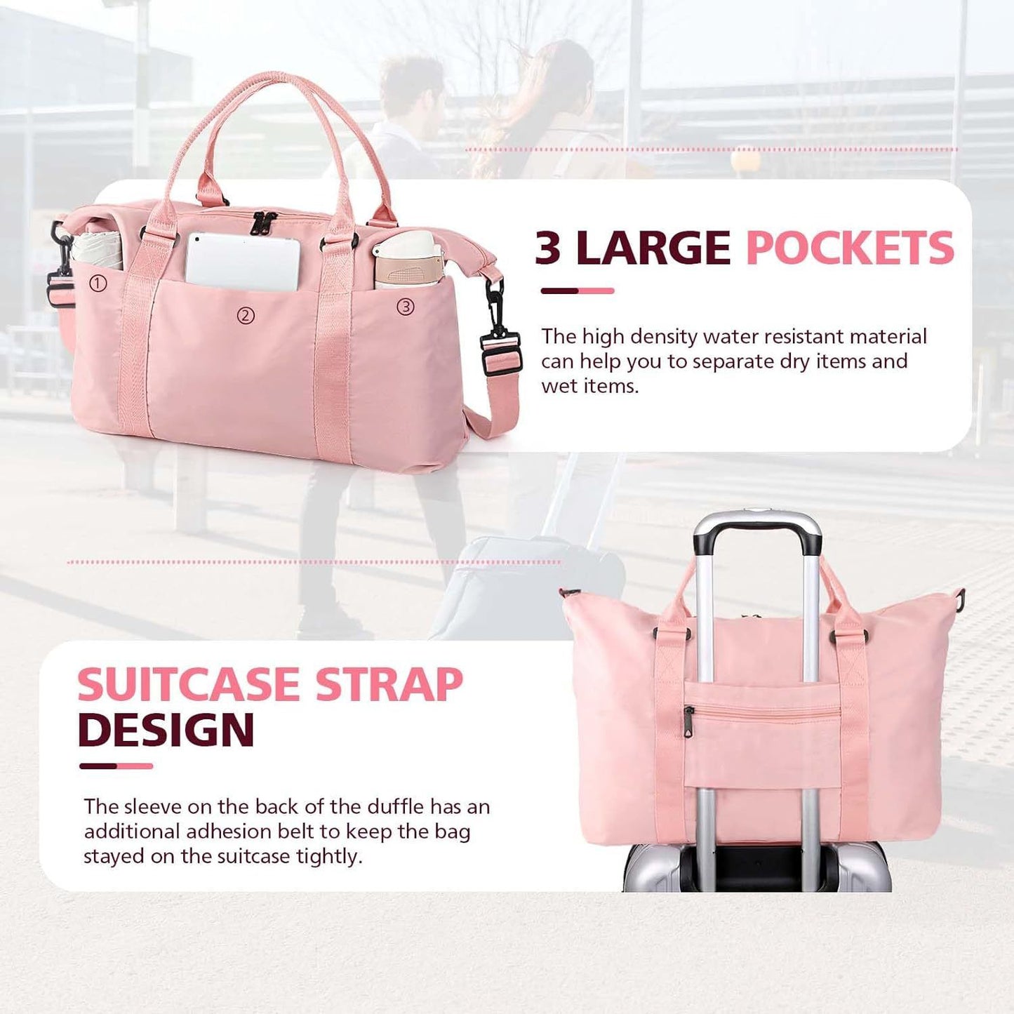 Waterproof Travel Duffle Bag with Trolley Sleeve Pink