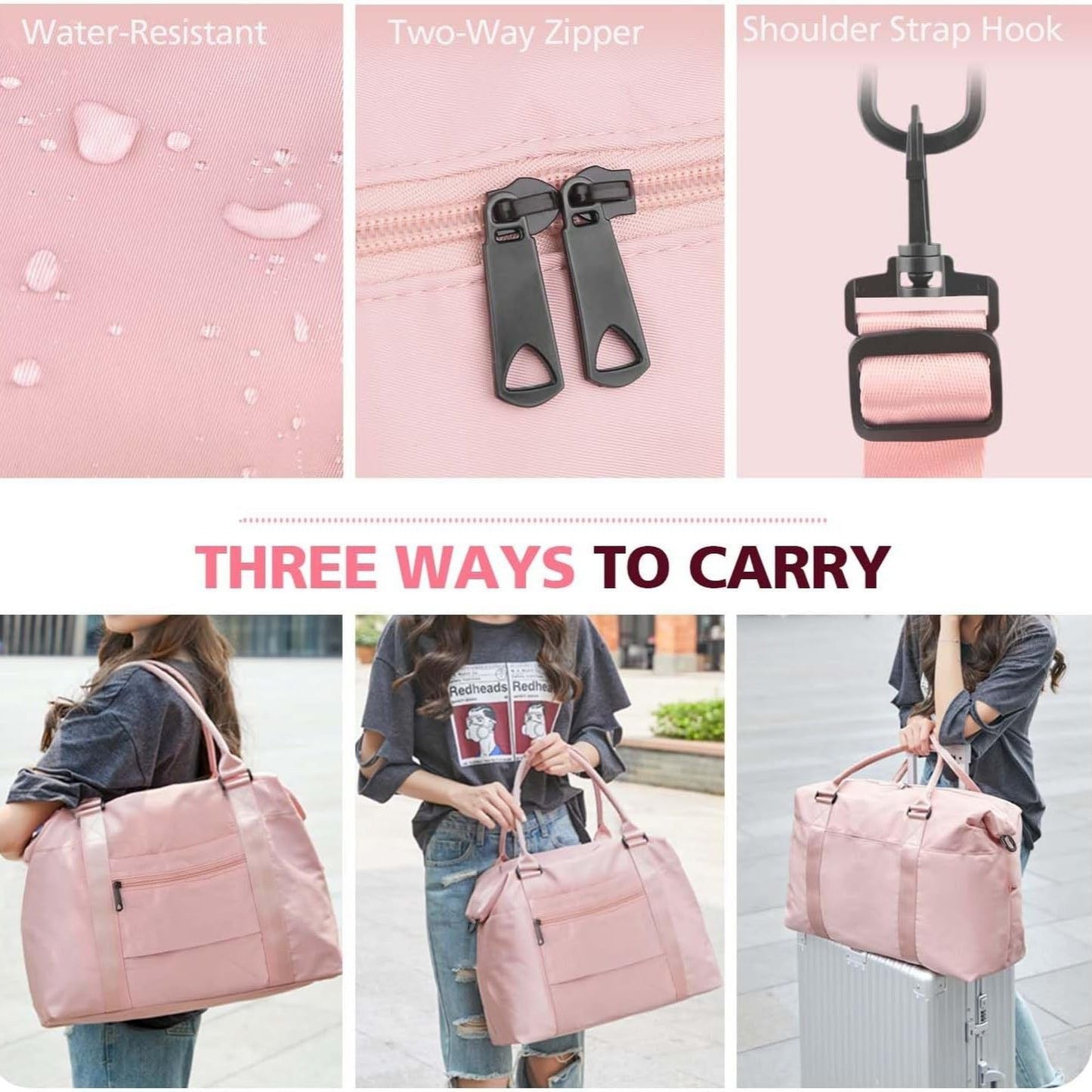 Waterproof Travel Duffle Bag with Trolley Sleeve Pink