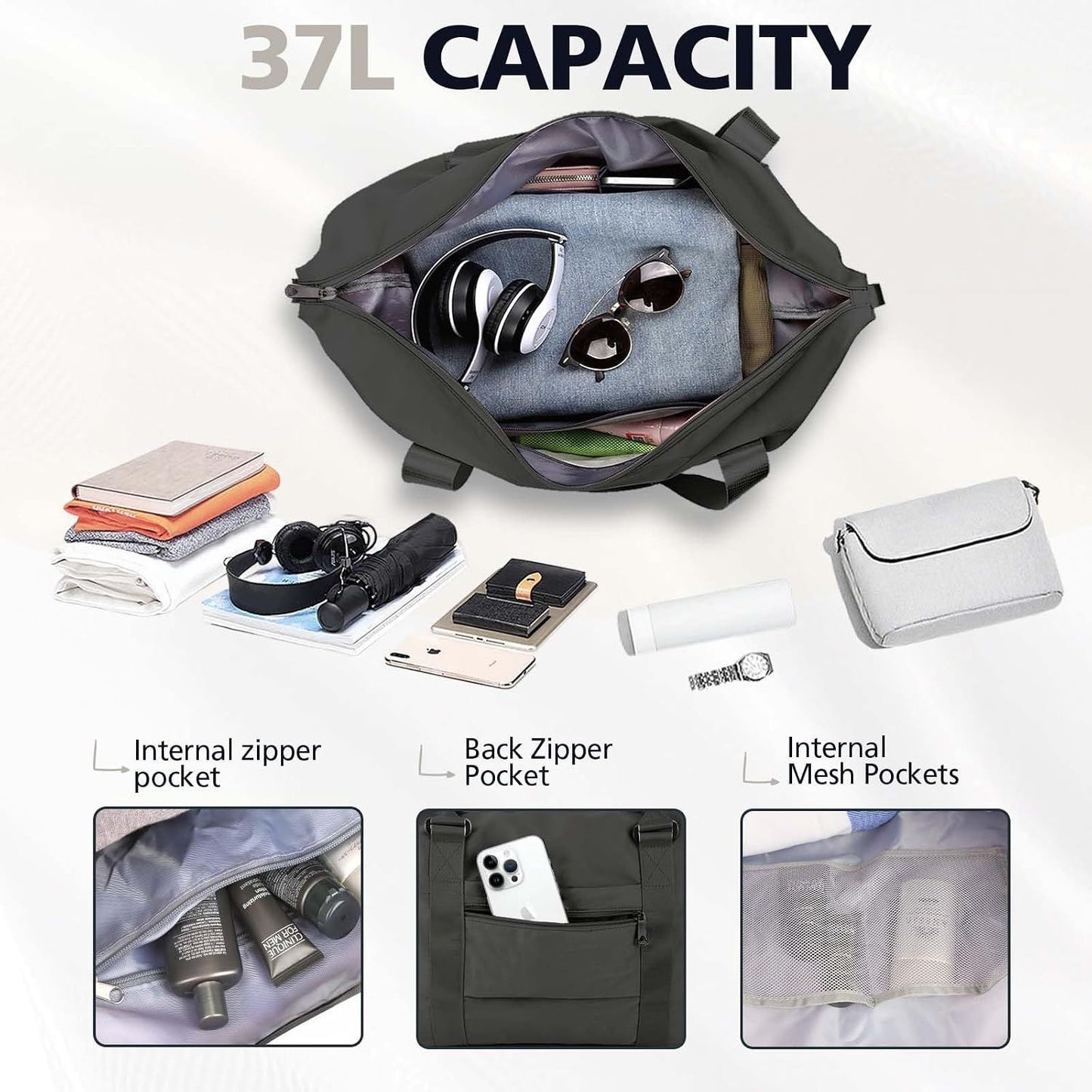 Waterproof Travel Duffle Bag with Trolley Sleeve Black