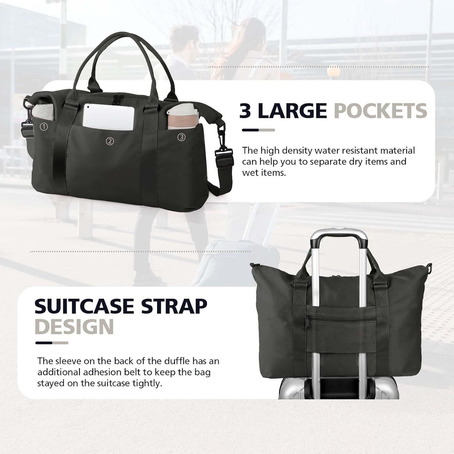 Waterproof Travel Duffle Bag with Trolley Sleeve Black