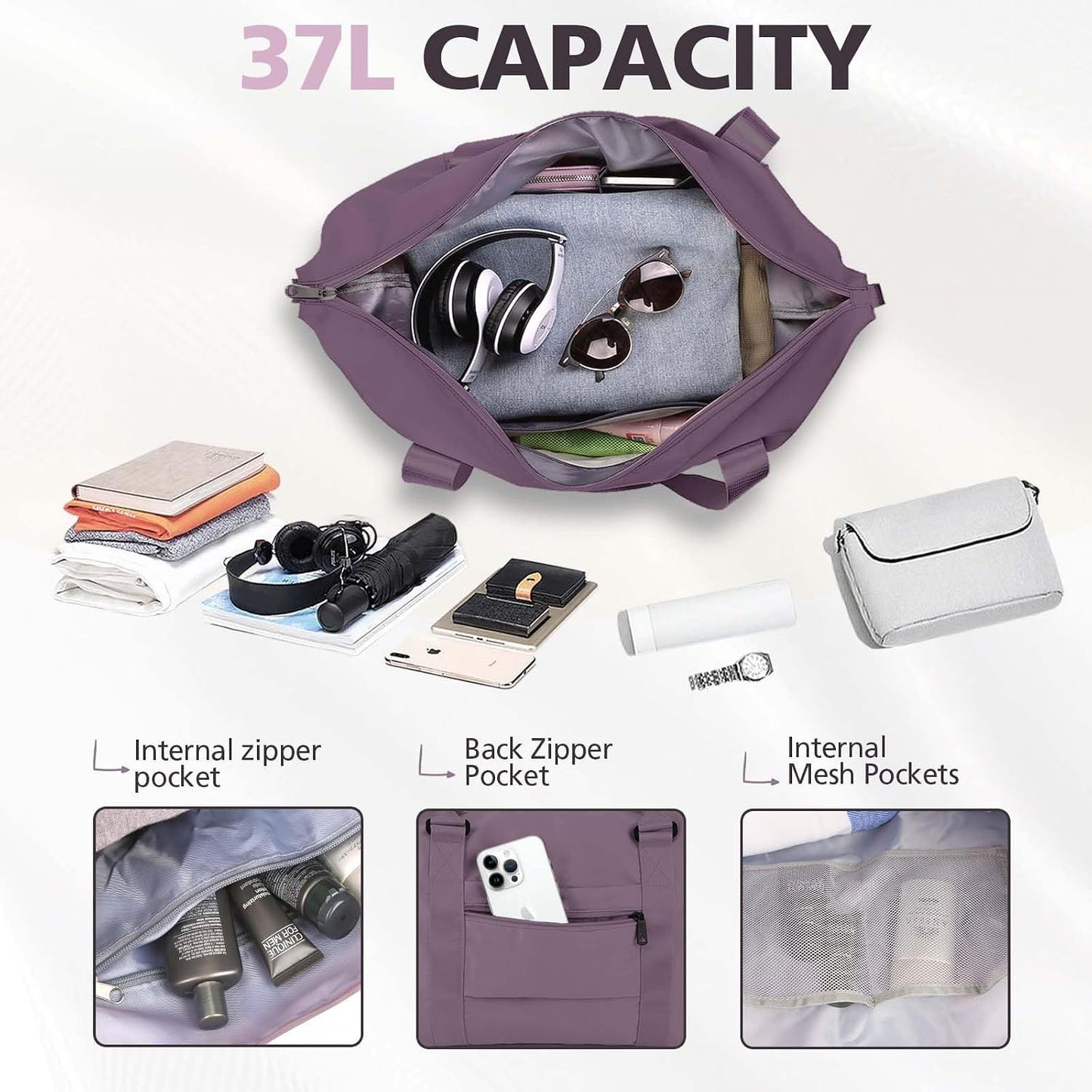 Waterproof Travel Duffle Bag with Trolley Sleeve Purple