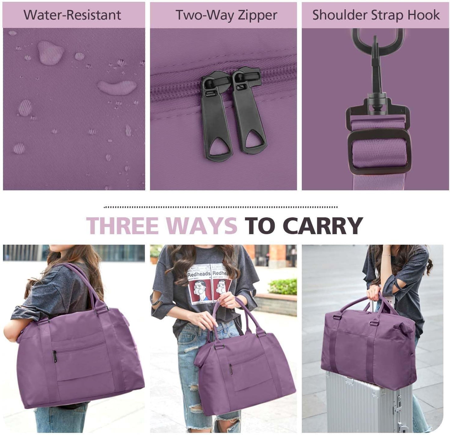 Waterproof Travel Duffle Bag with Trolley Sleeve Purple