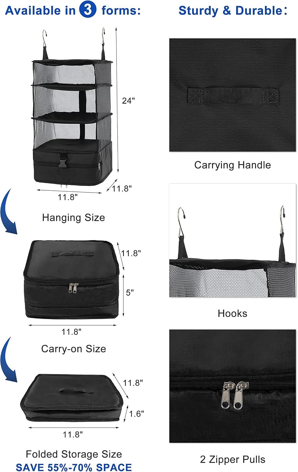 Hanging Packing Cube Clothing Organizer Black, 30 x 30 x 61 cm