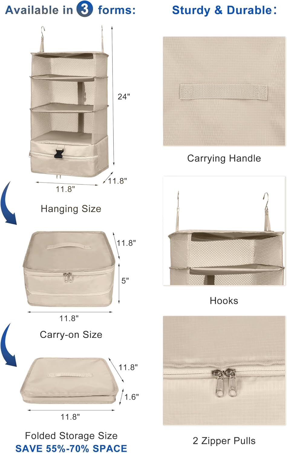 Hanging Packing Cube Clothing Organizer Beige, 30 x 30 x 61 cm