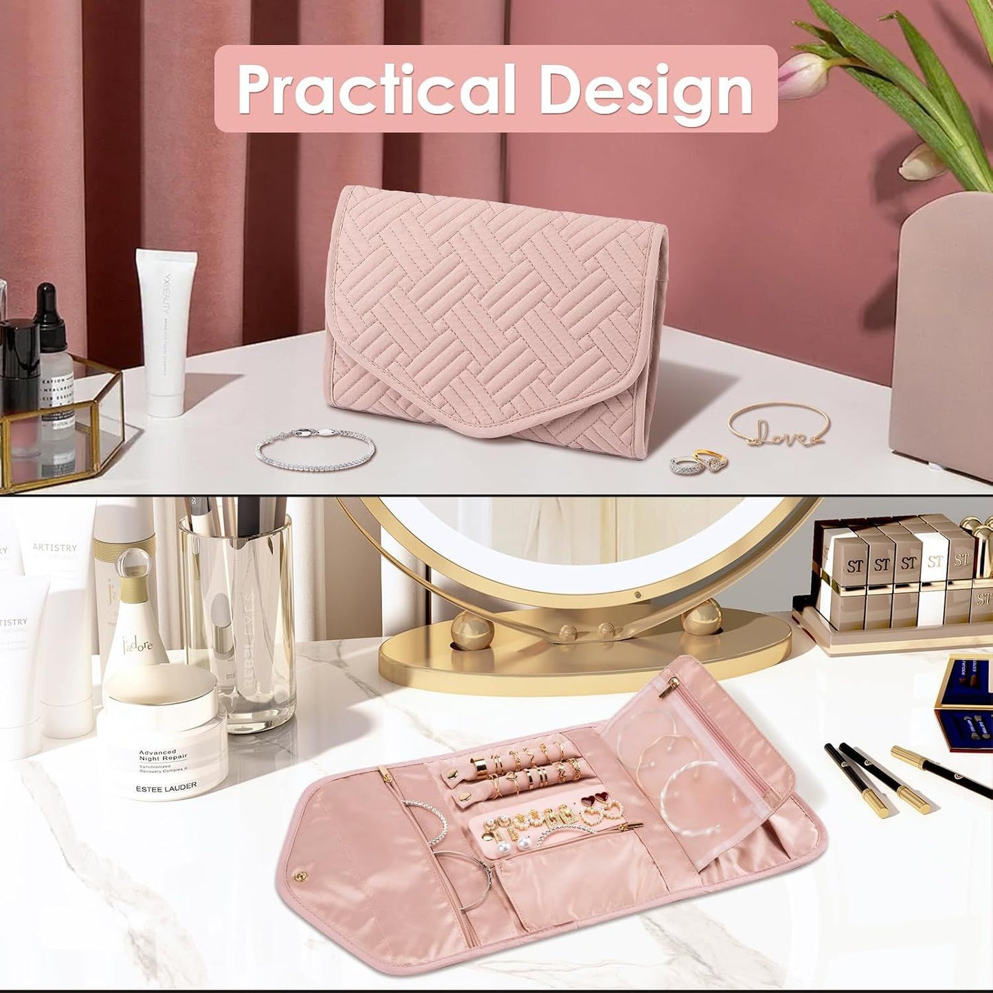 Foldable Travel Jewelry Organizer Pink, 43 x 23 cm