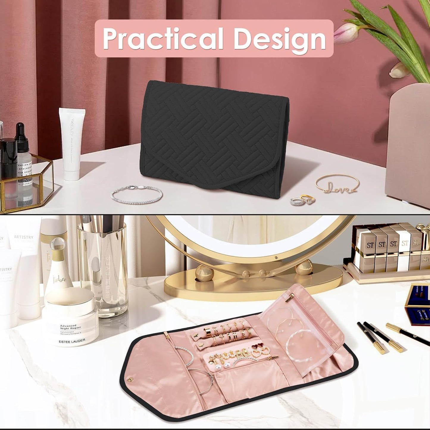Foldable Travel Jewelry Organizer Black, 43 x 23 cm