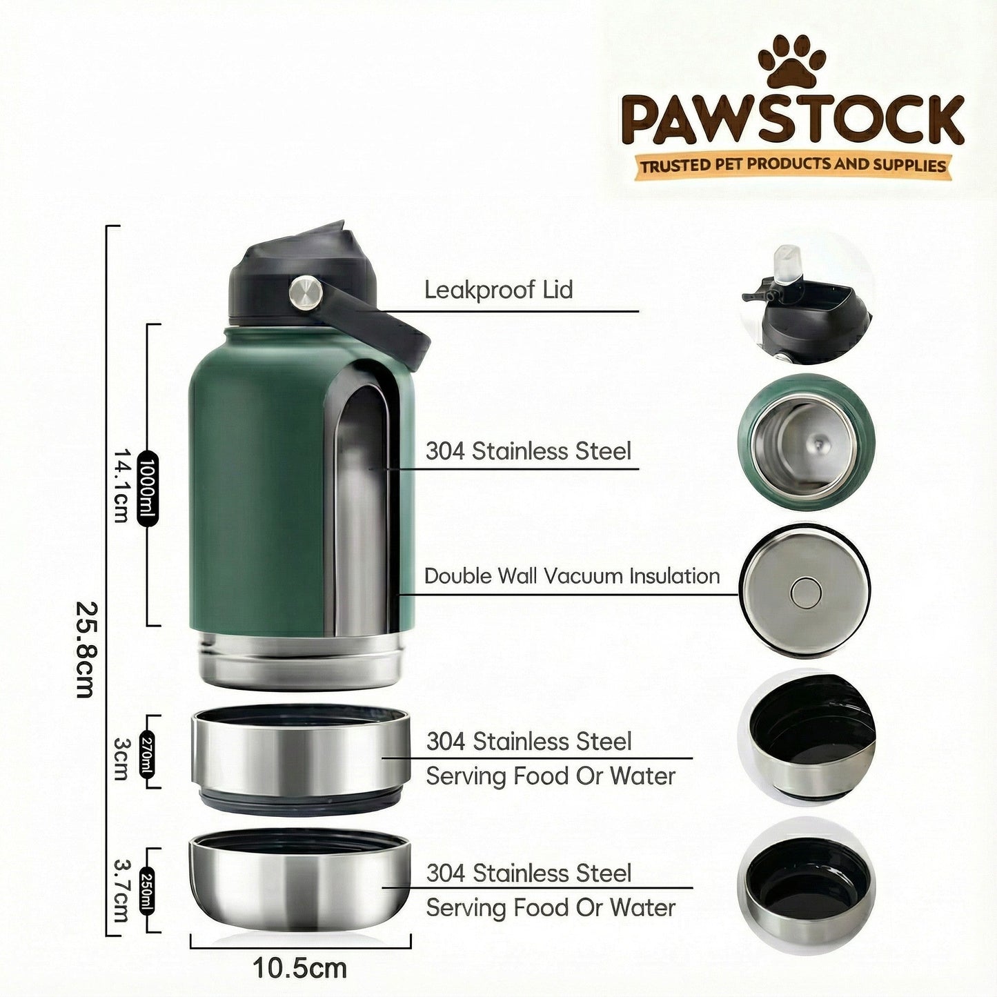Pawstock 3-in-1 Insulated Dog Water Bottle with Dual Bowls – 1L Stainless Steel Travel Bottle - Gray