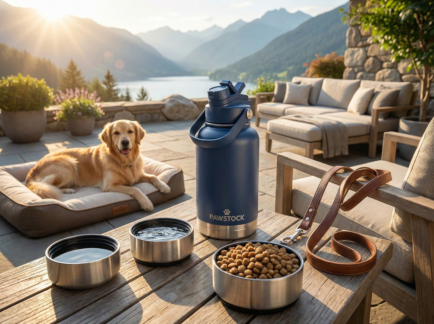 Pawstock 3-in-1 Insulated Dog Water Bottle with Dual Bowls – 1L Stainless Steel Travel Bottle - Gray