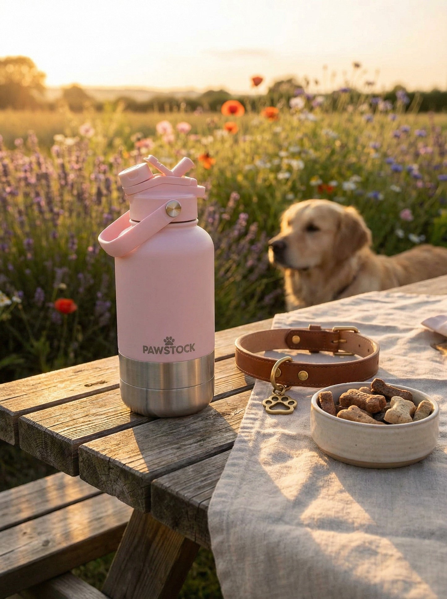 Pawstock 3-in-1 Insulated Dog Water Bottle with Dual Bowls – 1L Stainless Steel Travel Bottle - Gray