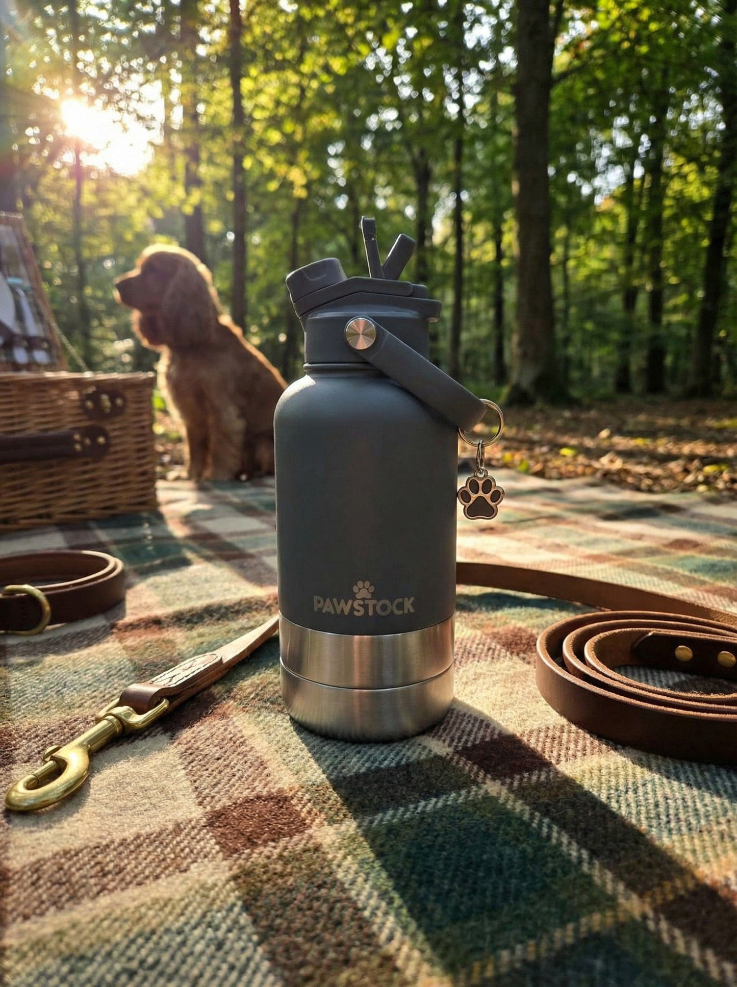 Pawstock 3-in-1 Insulated Dog Water Bottle with Dual Bowls – 1L Stainless Steel Travel Bottle - Gray