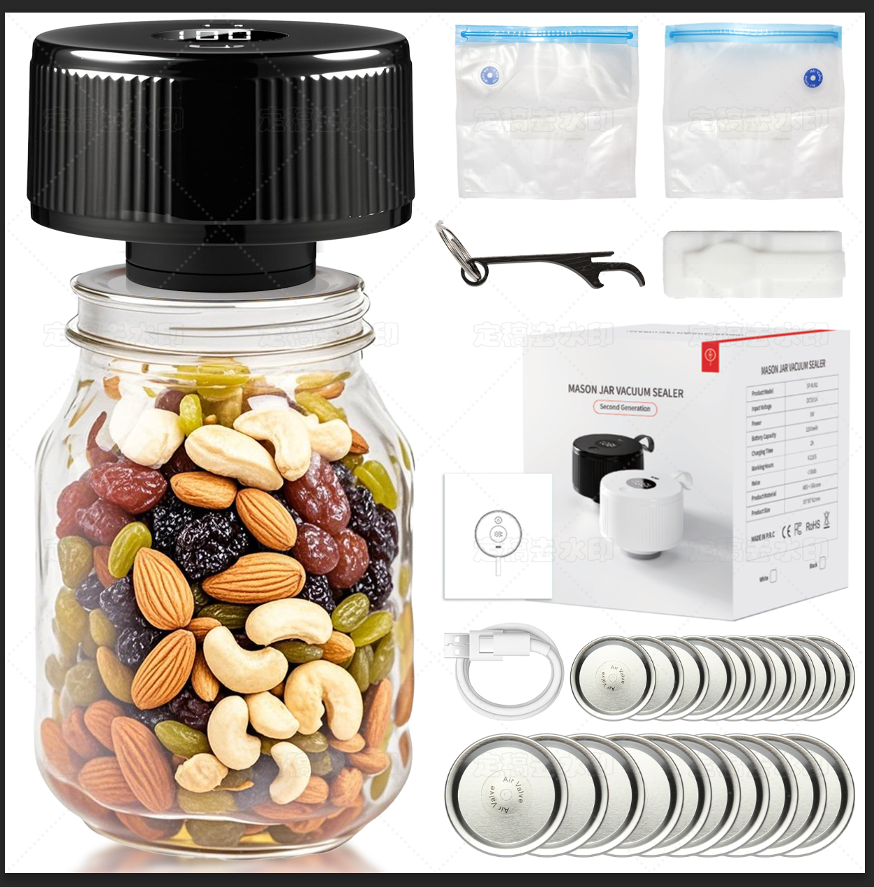 Portable Mason Jar Vacuum Sealer Black, Rechargeable Electric Jar Sealer with LED Display, One-Touch Operation, Type-C Charging, for Mason Jars, Vacuum Bags & Lunch Boxes