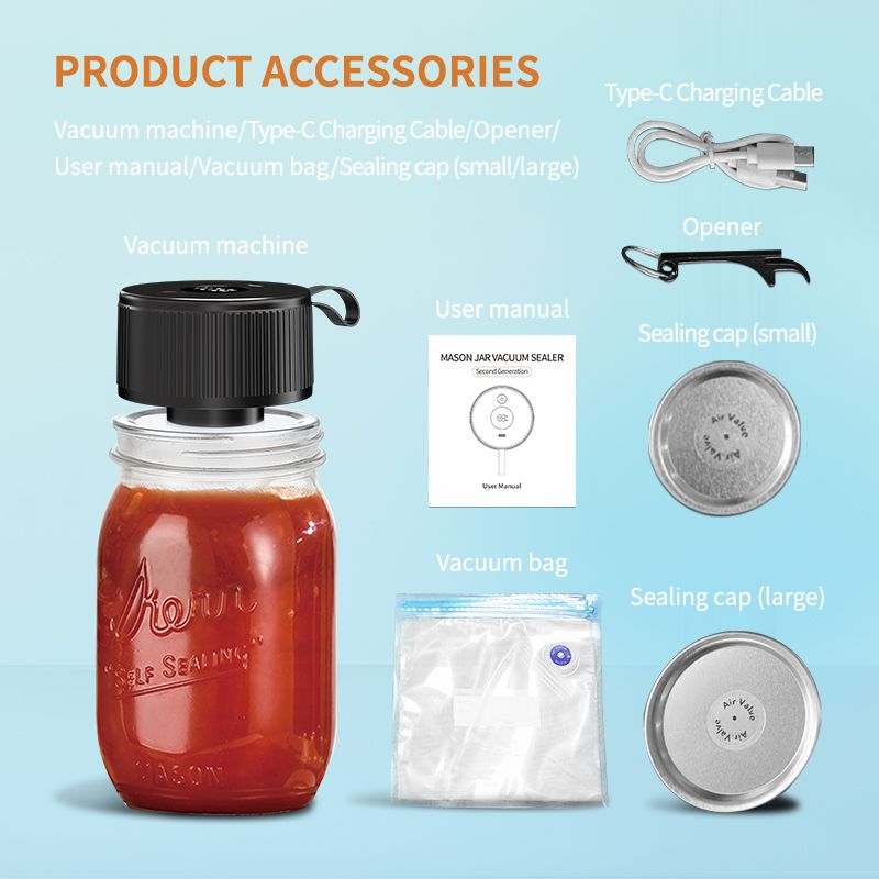 Portable Mason Jar Vacuum Sealer White, Rechargeable Electric Jar Sealer with LED Display, One-Touch Operation, Type-C Charging, for Mason Jars, Vacuum Bags & Lunch Boxes