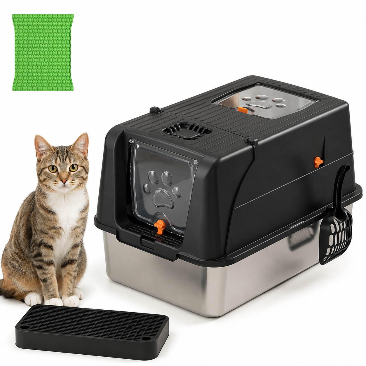 Black Large Stainless Steel Cat Litter Box, Foldable Covered Cat Litter Tray with Square Top & Square Door, Front Entry Top Exit, Anti Tracking Mat, Scoop and Charcoal Filter