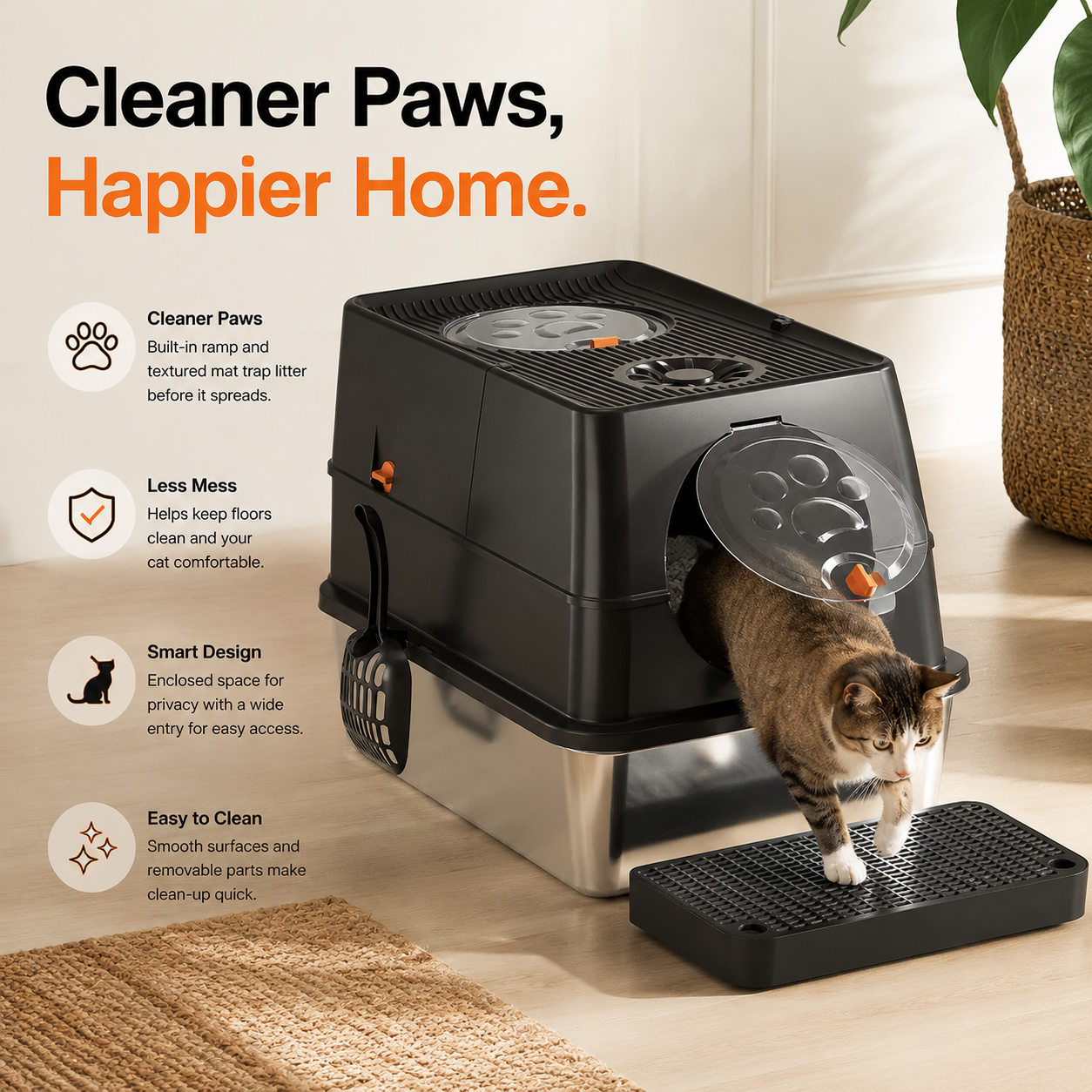 Black Large Stainless Steel Cat Litter Box, Foldable Covered Cat Litter Tray with Square Top & Square Door, Front Entry Top Exit, Anti Tracking Mat, Scoop and Charcoal Filter