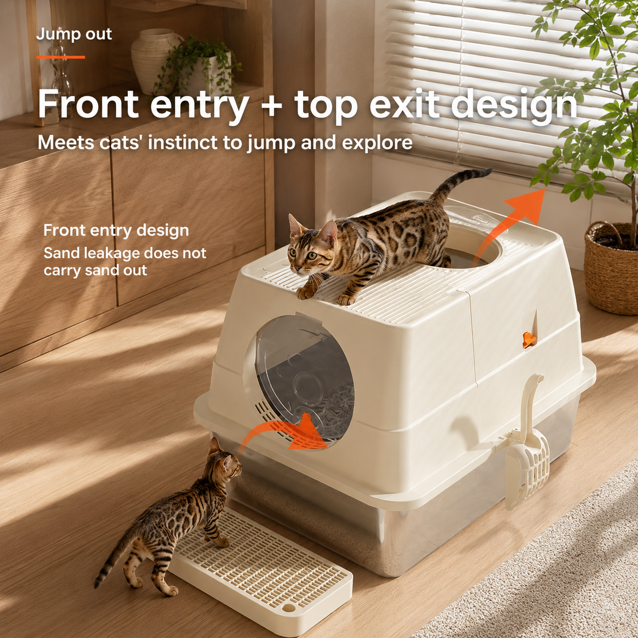 Cream White Extra Large Stainless Steel Cat Litter Box, Foldable Covered Cat Litter Tray with Round Top & Round Door, Front Entry Top Exit, Anti Tracking Mat, Scoop and Charcoal Filter