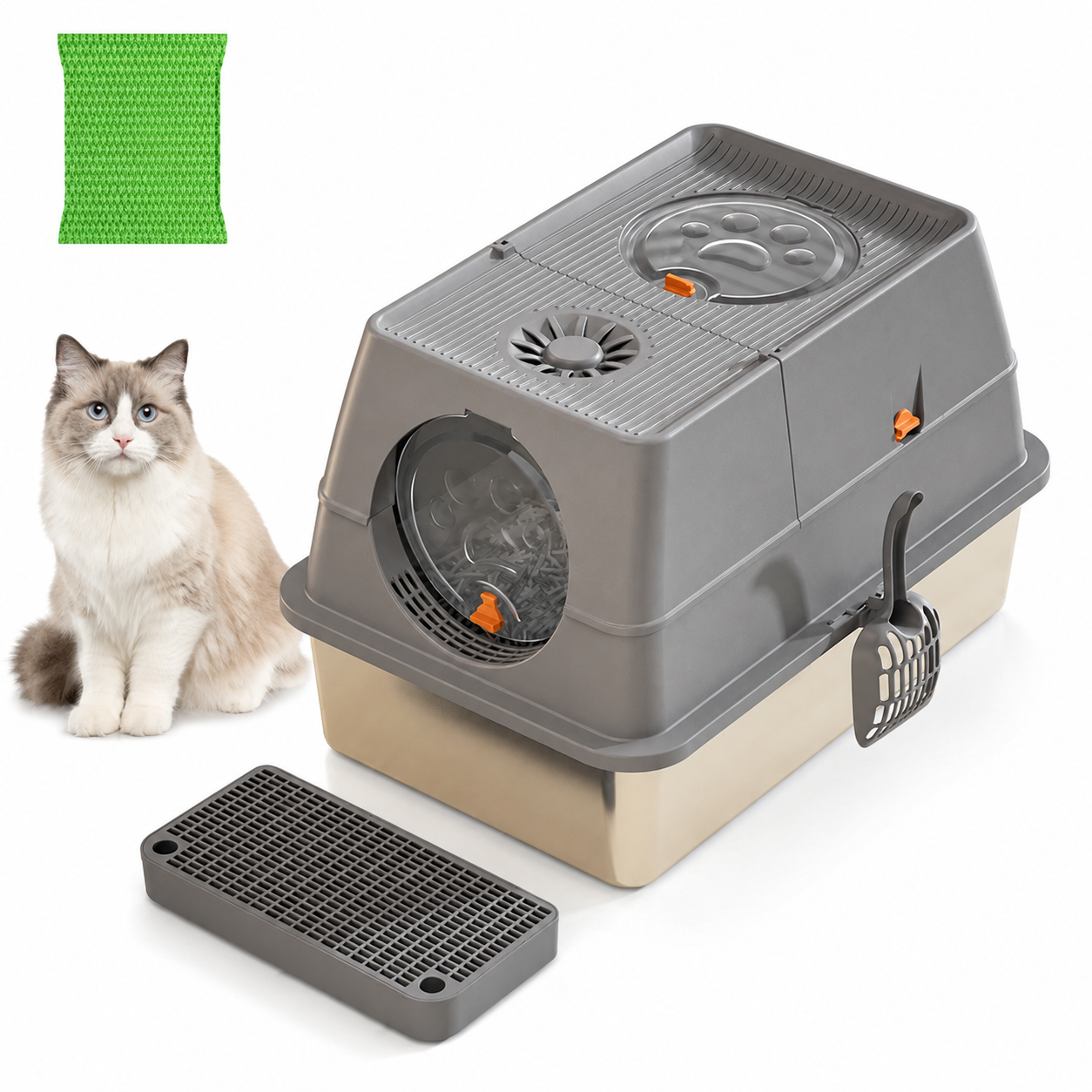 Dark Grey Large Stainless Steel Cat Litter Box, Foldable Covered Cat Litter Tray with Round Top & Round Door, Front Entry Top Exit, Anti Tracking Mat, Scoop and Charcoal Filter