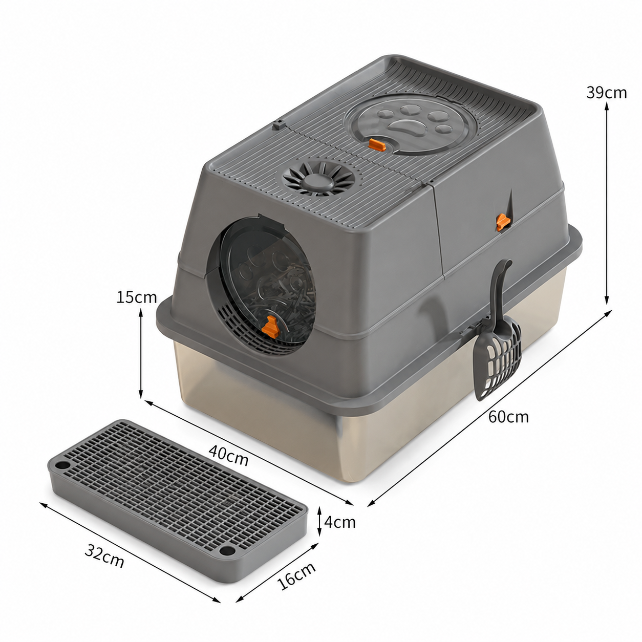 Dark Grey Large Stainless Steel Cat Litter Box, Foldable Covered Cat Litter Tray with Round Top & Round Door, Front Entry Top Exit, Anti Tracking Mat, Scoop and Charcoal Filter