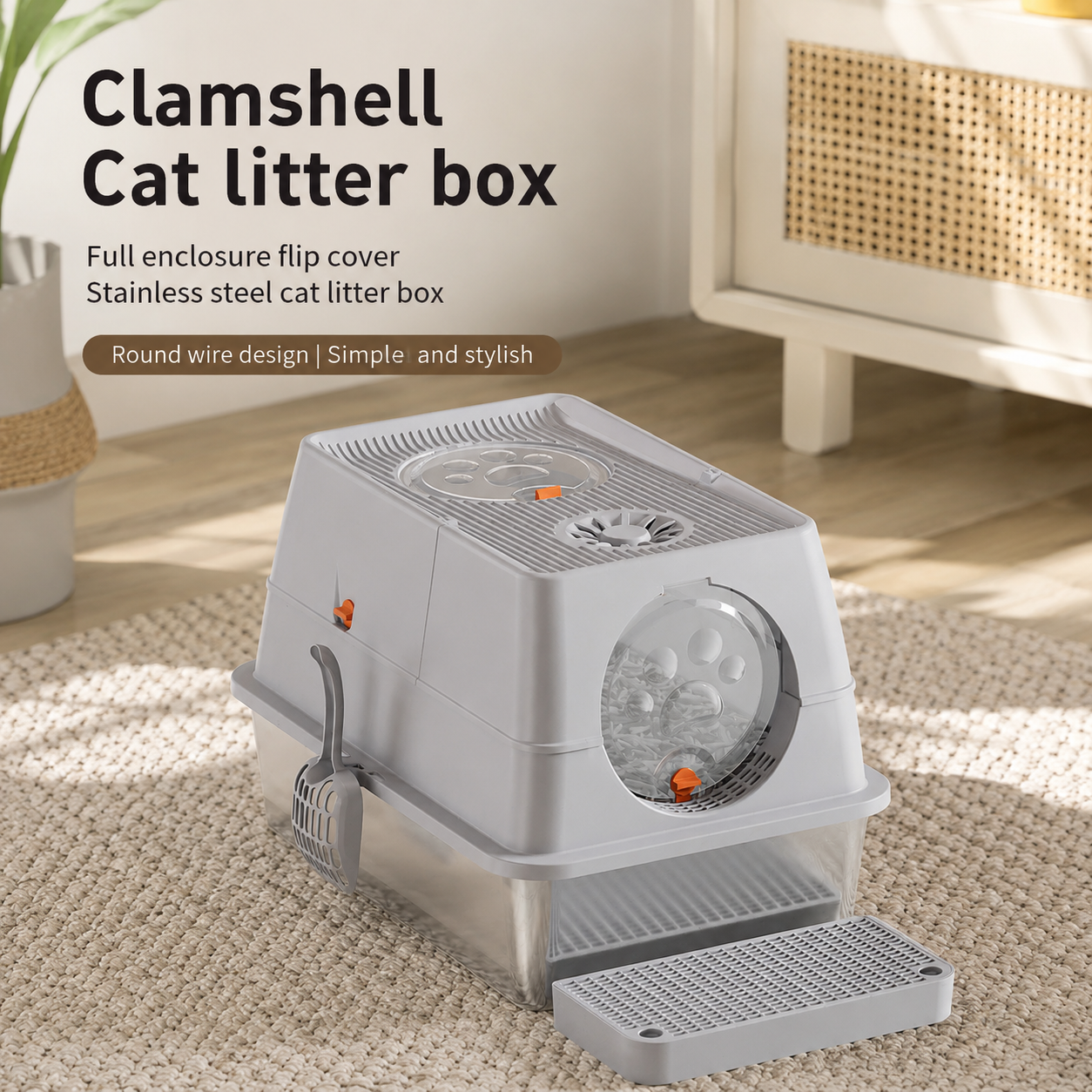 Dark Grey Large Stainless Steel Cat Litter Box, Foldable Covered Cat Litter Tray with Round Top & Round Door, Front Entry Top Exit, Anti Tracking Mat, Scoop and Charcoal Filter