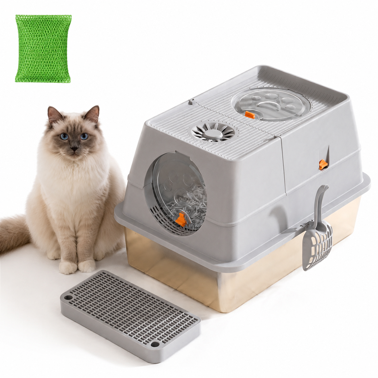 Light Grey Large Stainless Steel Cat Litter Box, Foldable Covered Cat Litter Tray with Round Top & Round Door, Front Entry Top Exit, Anti Tracking Mat, Scoop and Charcoal Filter