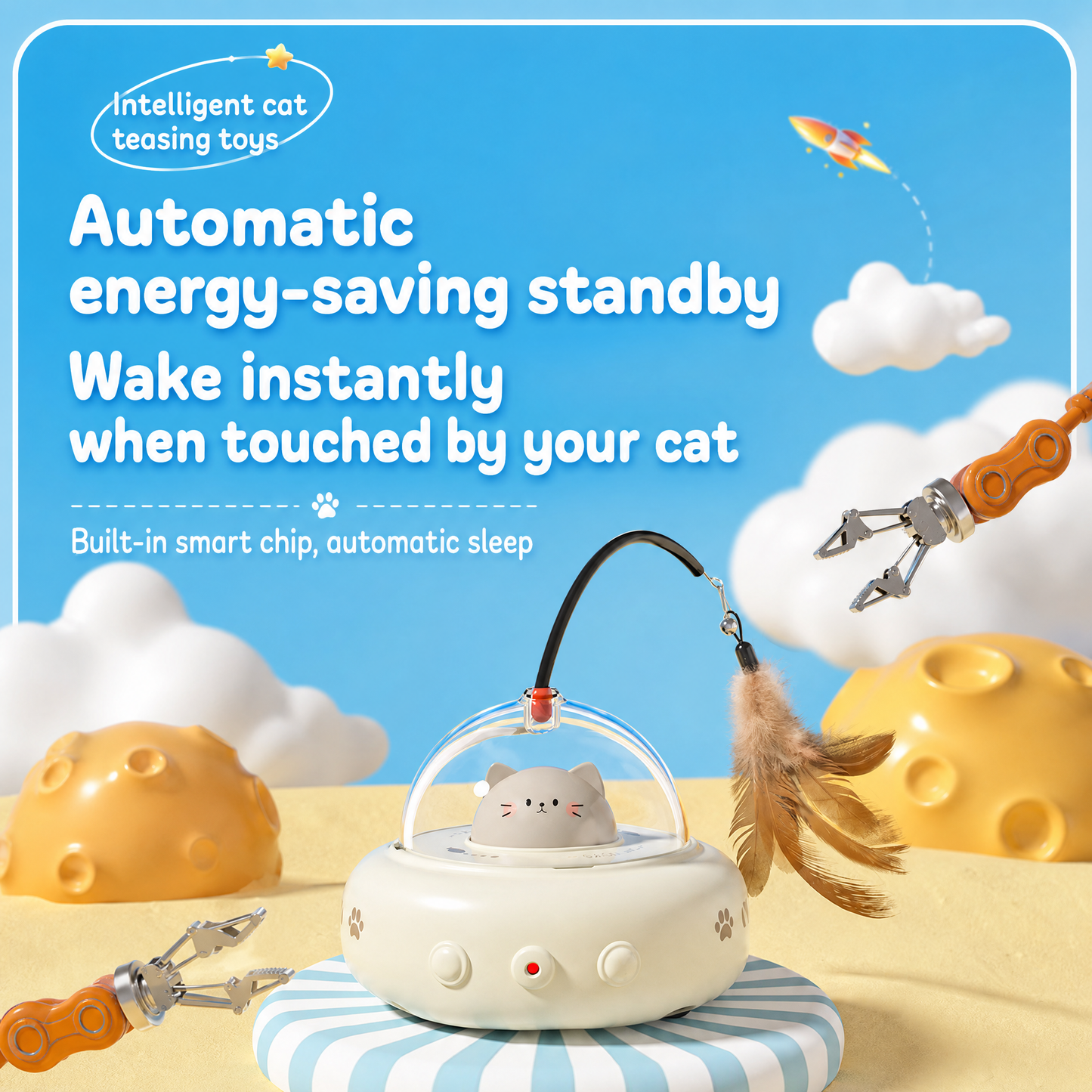 Pink Smart Cat Teaser Toy Rechargeable Interactive Cat Toy with Red Dot Light, Feather Wand, Obstacle Avoidance, Touch Wake-Up, Auto Standby, Soft Rubber Wheels, Cute Cat Design for Indoor Cats