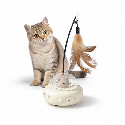 White Smart Cat Teaser Toy Rechargeable Interactive Cat Toy with Red Dot Light, Feather Wand, Obstacle Avoidance, Touch Wake-Up, Auto Standby, Soft Rubber Wheels, Cute Cat Design for Indoor Cats
