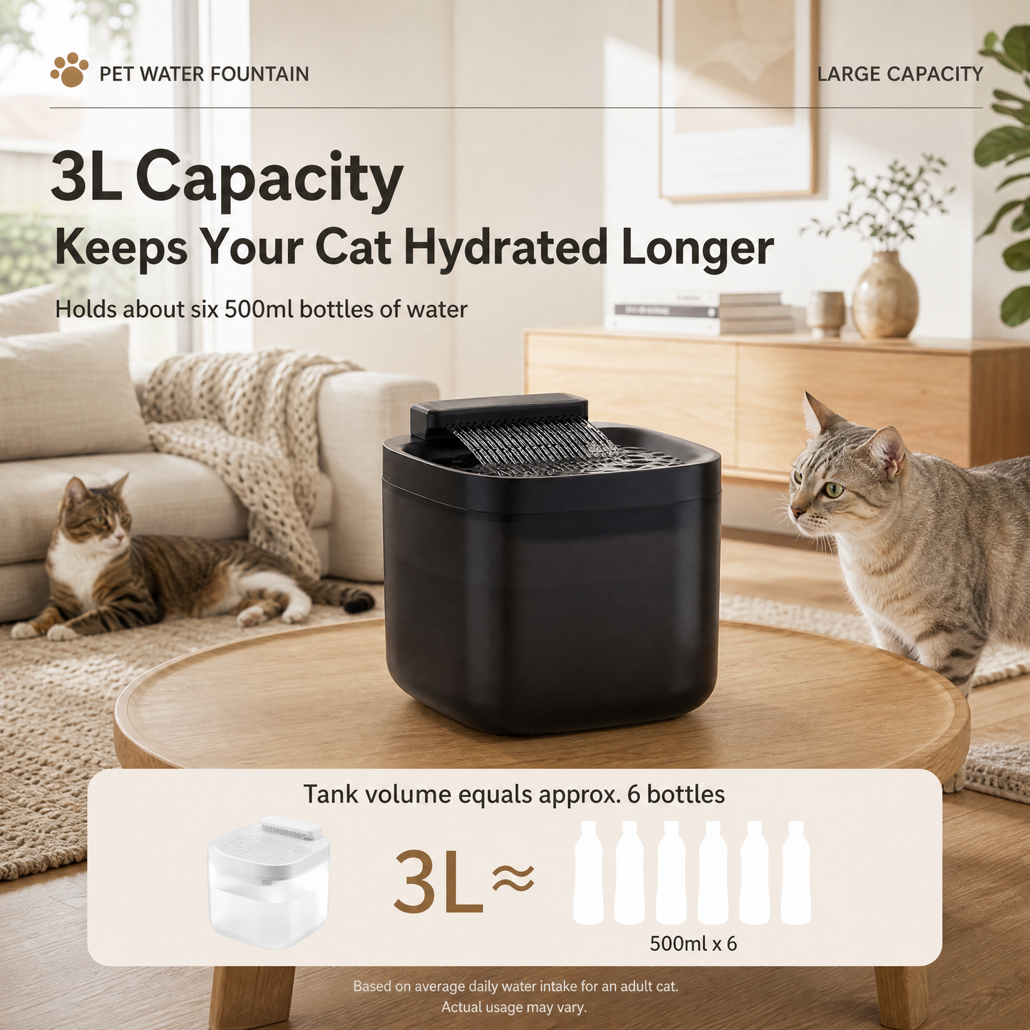 White Cat Water Fountain 3L,6 Filters Included, Wired Pet Water Dispenser for Cats & Small Dogs, Waterfall-Style Quiet Drinking Fountain with Filter, Easy-Clean ABS+PP Bowl, 5V 1A