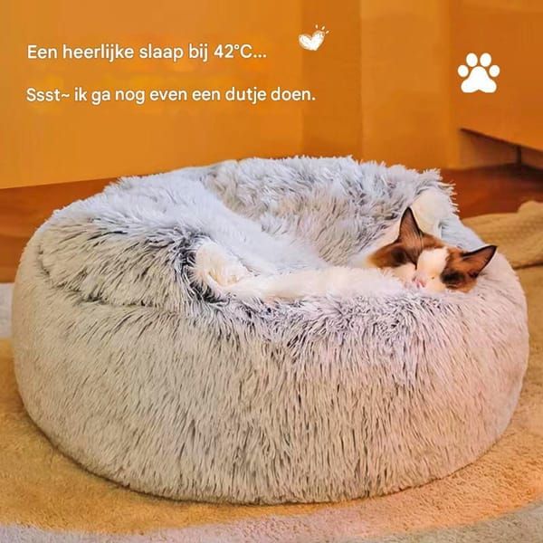 Cave Cat Bed 40cm, Donut Calming Anti‑Anxiety Pet Bed, Grey‑White for Cats & Small Dogs