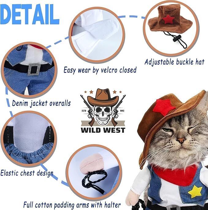 Small Dog Cowboy Costume With Hat Medium Size Western Pet Outfit (2Pcs)