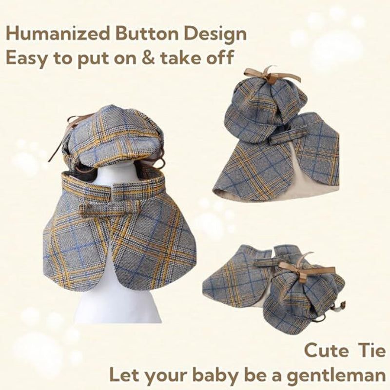 Dog Costume Cute Detective Pet Clothes Set Halloween Cosplay Party Outfit Winter Fashion Cape Cloak Hat For Small Medium & Cat Kitten Grey