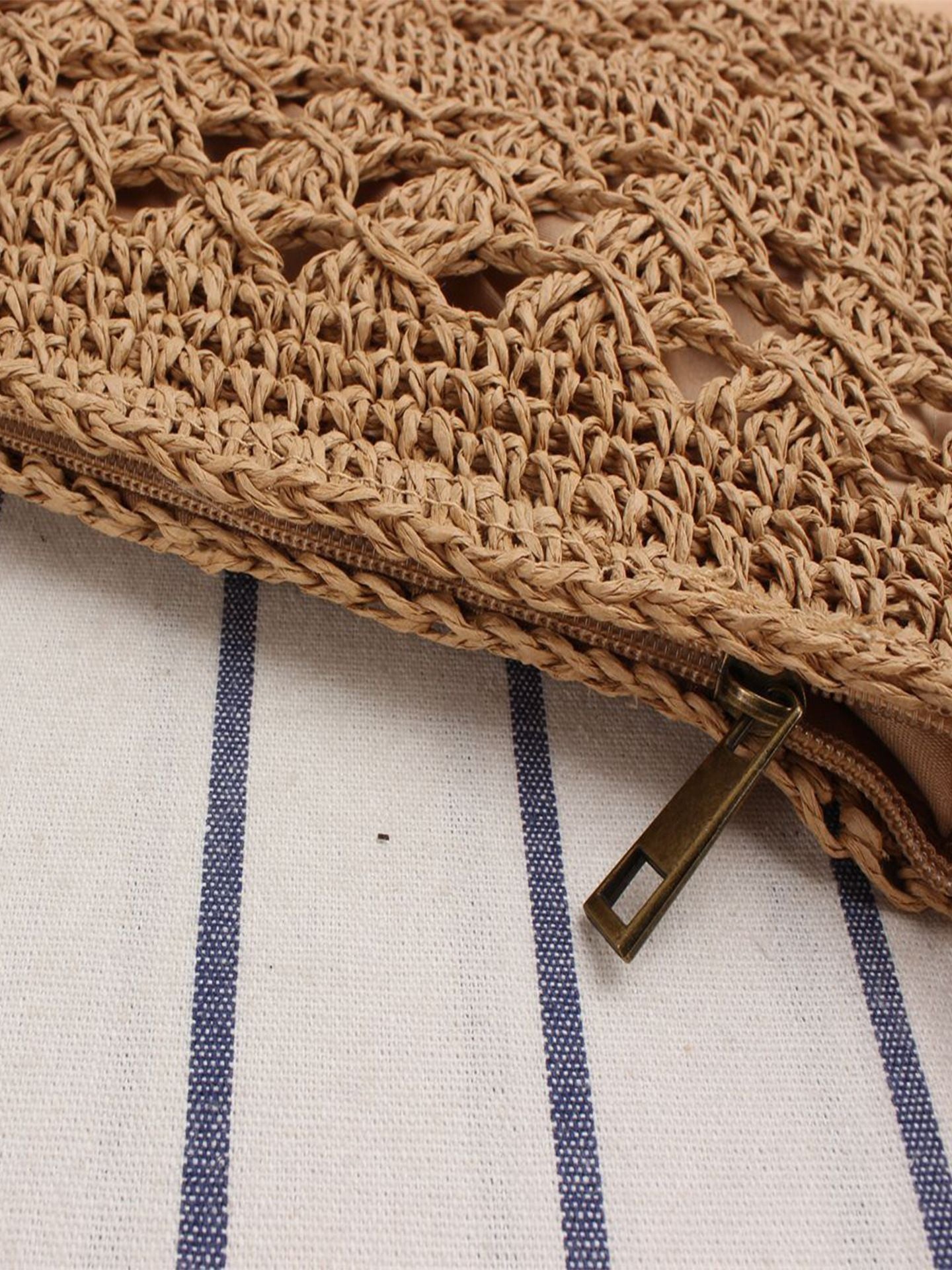 Hollow Woven Summer Beach Bag - Handmade Paper Rope Crossbody Tote for Vacation - Lightweight Crochet Shoulder Bag - Camel