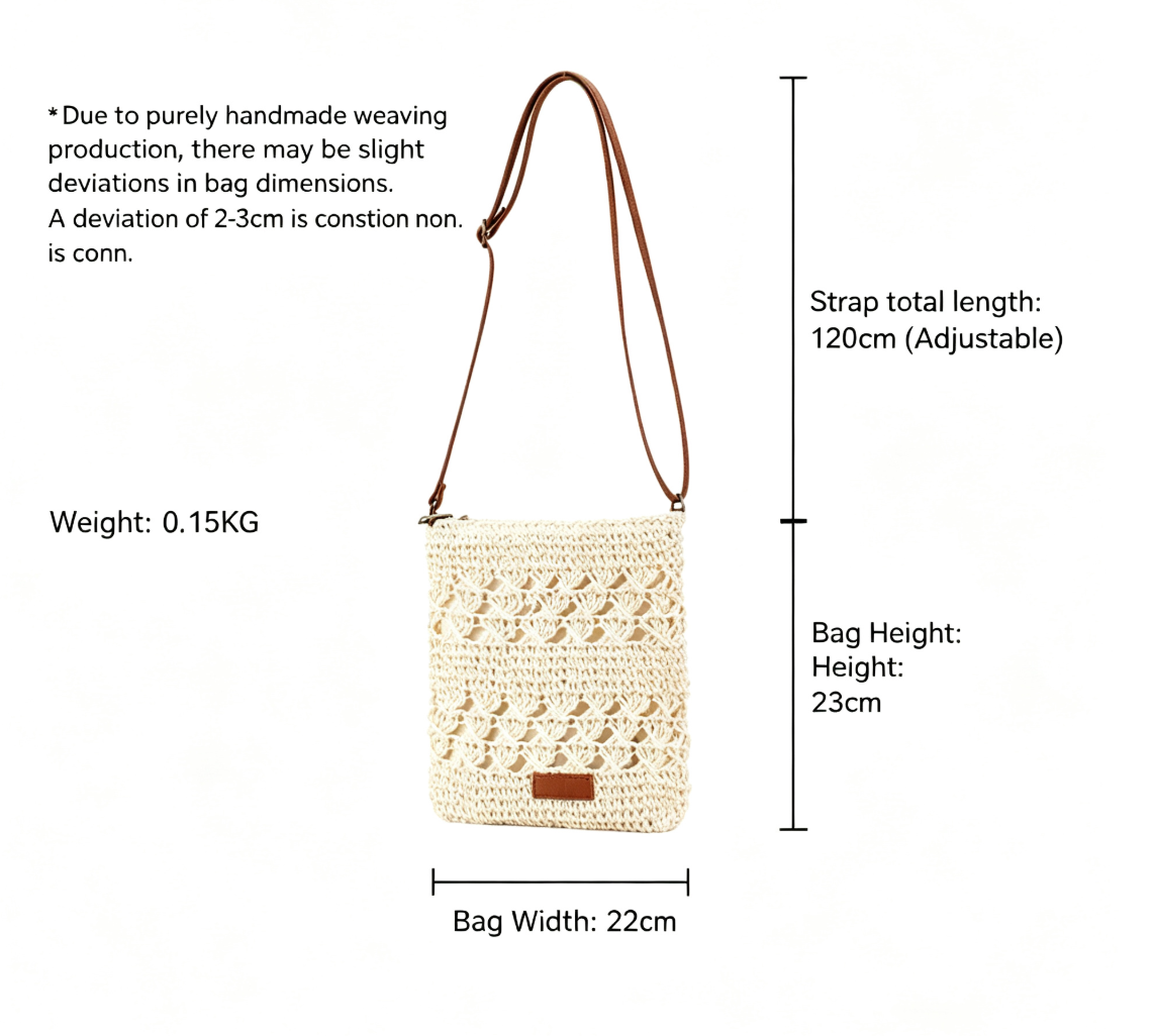 Hollow Woven Summer Beach Bag - Handmade Paper Rope Crossbody Tote for Vacation - Lightweight Crochet Shoulder Bag - Off White