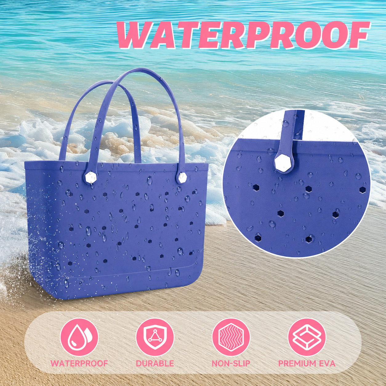 Waterproof Hexagon Mesh Beach Bag - Large Capacity Travel Storage Tote for Swimwear Towel Sunglasses - Royal Blue Large 48x34x24cm