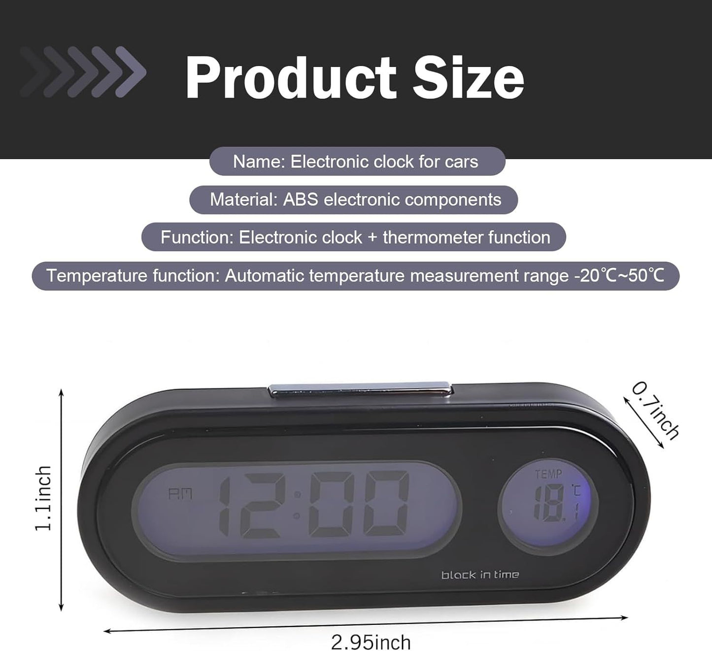 Car Clock, LED Luminous Dashboard Digital Clock, Angle-Adjustable Dual Screen Display for 12/24 Hours Switching Time & Temp, Self-Adhesive Mini Parts for Car & Home (Black)