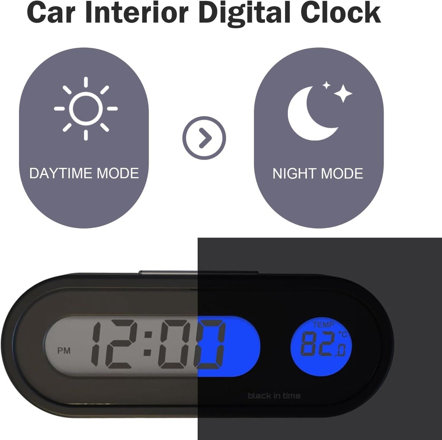 Car Clock, LED Luminous Dashboard Digital Clock, Angle-Adjustable Dual Screen Display for 12/24 Hours Switching Time & Temp, Self-Adhesive Mini Parts for Car & Home (Black)