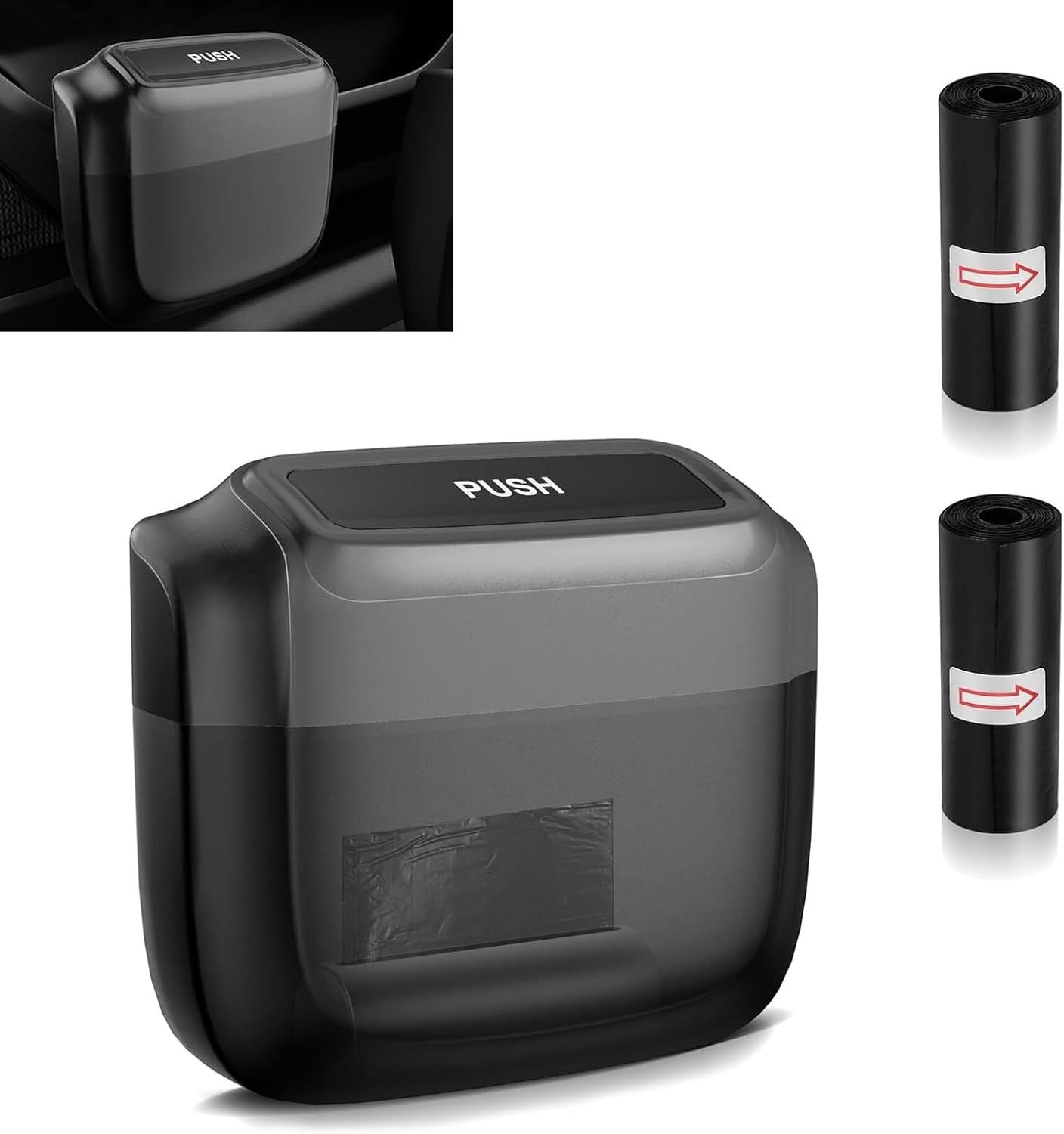 Car Trash Can, Portable Push to Open Storage Bucket with 30 Trash Bags, Waterproof Anti-Leak Hanging Clutter Canister with Lid, Universal Large Capacity Supplies Box for Car Truck Van (Black)