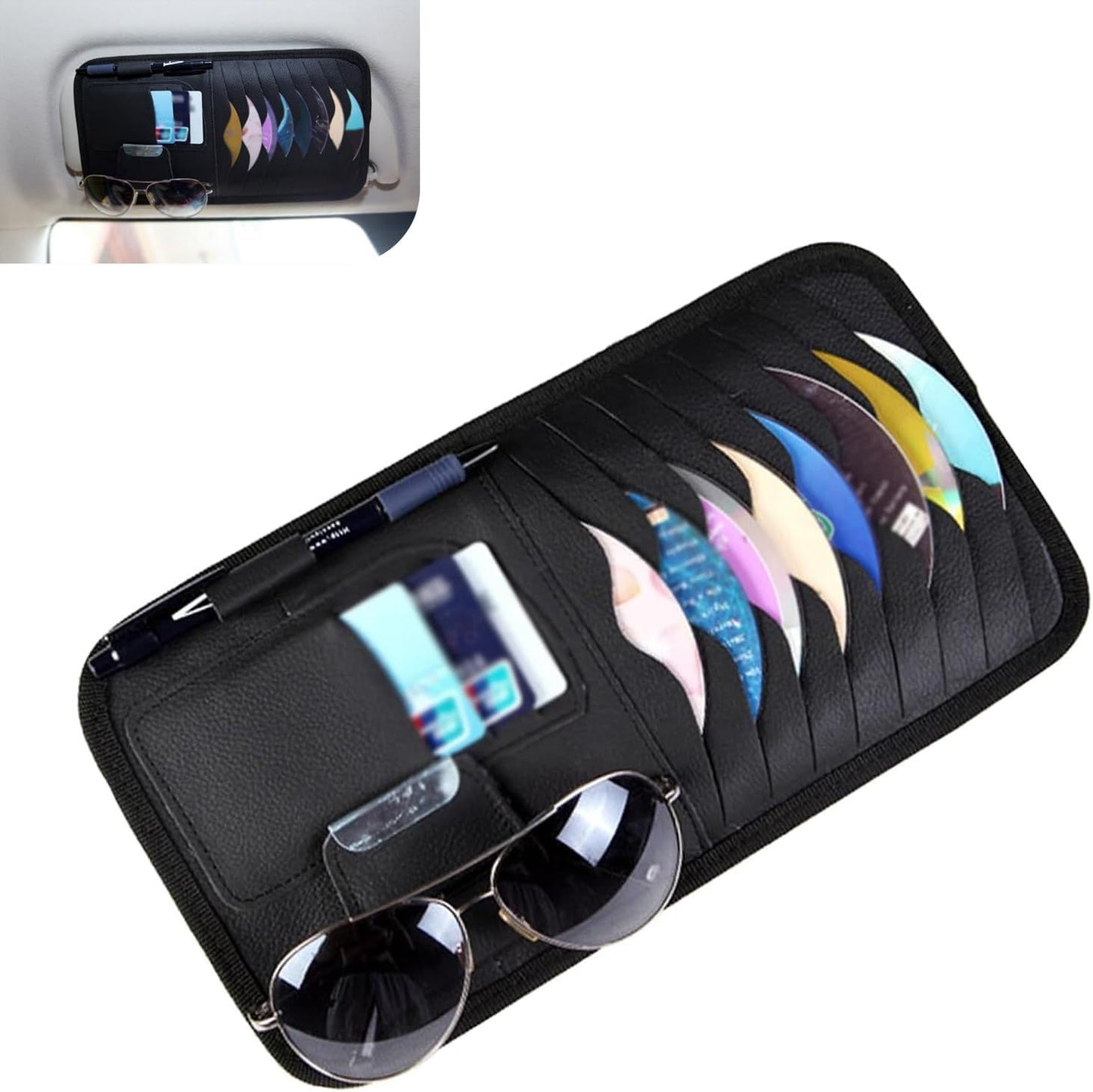 Car Sun Visor CD Holder, Leather Anti-scratch Protective Organizer, Multi-functional Layered Storage Bag for CD Sunglass Card Pen, Clip-on Visor Accessory for Cars (Black)